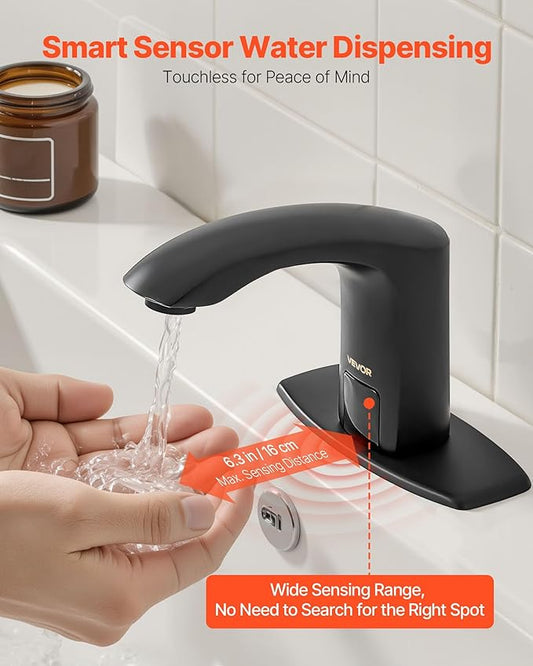 VEVOR Touchless Bathroom Sink Faucet, Automatic Motion Sensor Restroom Toilet Faucet with Hole Cover Plate, Battery Operated,Adjustable Temperature for 9/16 in Pipe Commercial Lavatory,Matte Black