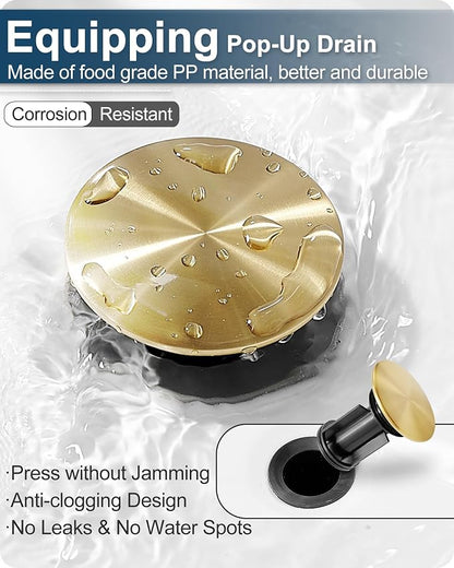 Waterfall Faucet, Brass Gold Bathroom Faucet 1 Hole, 1 Handle Bathroom Faucets for Sink 3 Hole (4 Inch) with Pop-up Drain, Hoses & Deck Plate