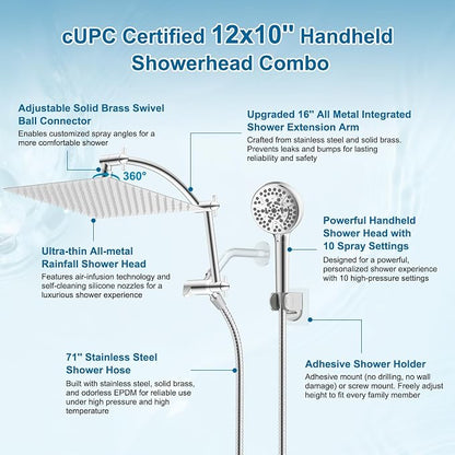 Hibbent All Metal 12" High Pressure Rain Shower Head Combo, Chrome | cUPC Certified Rainfall Shower Head with handheld 10 Sprays, 16'' Adjustable Extension Arm, 71'' Hose, Showerhead Holder