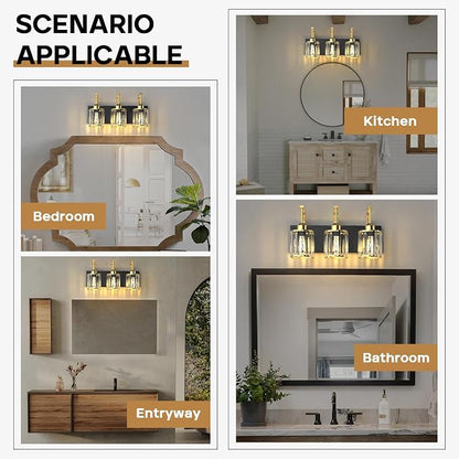 3-Light Bathroom Vanity Light Fixtures, Modern Bathroom Lighting Fixtures Over Mirror with Golden Crystal Lampshade, E26 Base Modern Vanity Lighting, Suit for Stairway Bedroom and Hallway