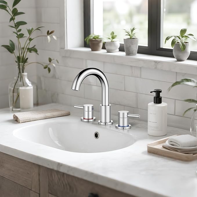Chrome 8 Inch Widespread Bathroom Faucet 3 Hole with Pop-up Drain | 2 Handle, 8 Inch 3 Hole Sink, 360° Swivel Spout, RV Vanity, Quick Connect, Supply Hoses, NSF372 NSF61 cUPC