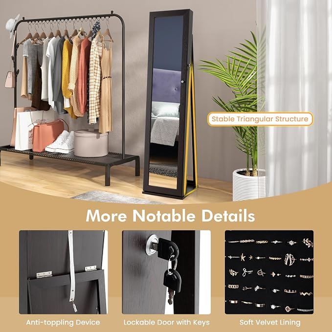 COSTWAY Standing Jewelry Cabinet, Large Capacity Jewelry Organizer w/Full-Length Mirror & Rear Storage Shelves, Lockable Mirror Jewelry Armoire with Keys for Girls Women (Espresso)