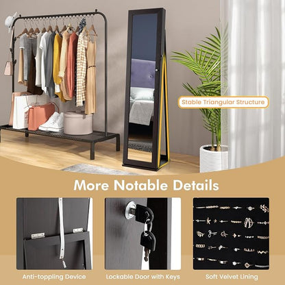 COSTWAY Standing Jewelry Cabinet, Large Capacity Jewelry Organizer w/Full-Length Mirror & Rear Storage Shelves, Lockable Mirror Jewelry Armoire with Keys for Girls Women (Espresso)