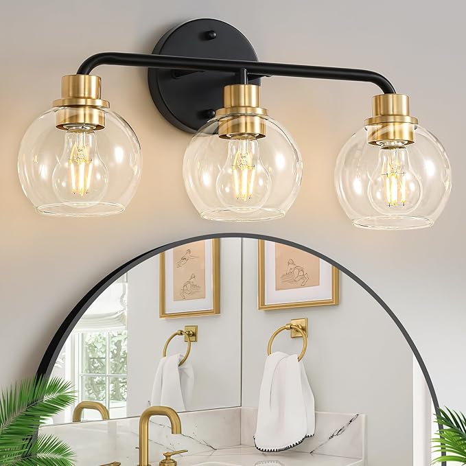 3 Light Bathroom Vanity Light, Black and Gold Bathroom Light Fixtures | with Clear Glass Shade Modern Wall Sconces Lighting Bath Wall Lights Lamp for Mirror Kitchen Living Room Bedroom Hallway