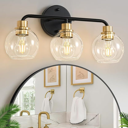 3 Light Bathroom Vanity Light, Black and Gold Bathroom Light Fixtures | with Clear Glass Shade Modern Wall Sconces Lighting Bath Wall Lights Lamp for Mirror Kitchen Living Room Bedroom Hallway