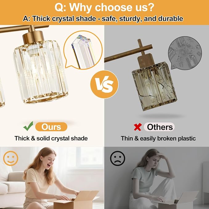 Modern Crystal Bathroom Vanity Light, 2-Light Brushed Gold Bathroom Light Fixtures with Clear Shades, Vanity Lighting Fixtures Over Mirror (Exclude Bulb)