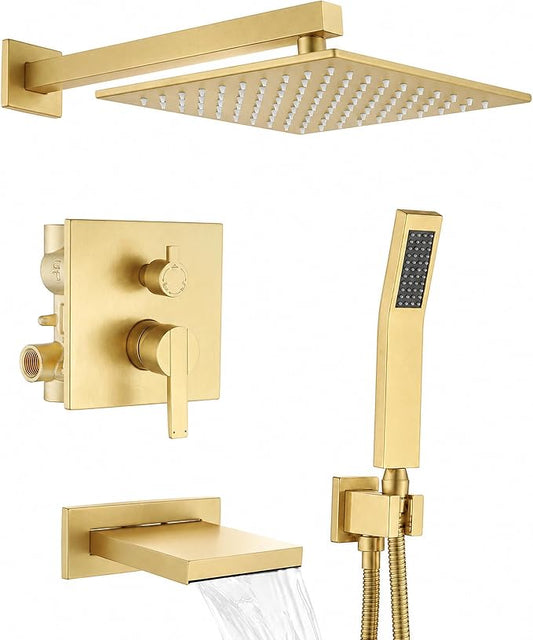 Gold Shower System with Tub Spout, All Metal Bathtub Shower Faucet Set with High Pressure 10 Inch Rain Shower Head and Handheld Shower Head Set, Brushed Gold (Valve Include)