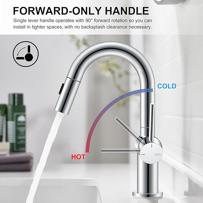 KENES Pull Out Bathroom Sink Faucet, Polished Chrome Single Handle Bathroom Faucet with Pull Down Sprayer, Vanity Bar Faucet with Pop Up Drain & Deck Plate, KE-9065B-5