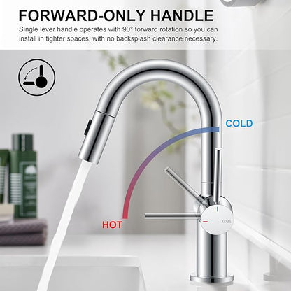 KENES Pull Out Bathroom Sink Faucet, Polished Chrome Single Handle Bathroom Faucet with Pull Down Sprayer, Vanity Bar Faucet with Pop Up Drain & Deck Plate, KE-9065B-5