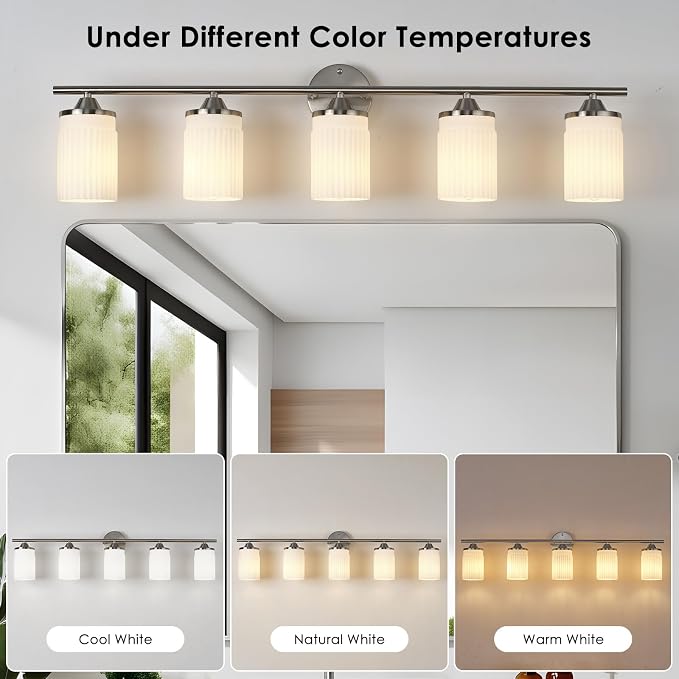 Jonsi Nickel Bathroom Light Fixtures 5-Light Vanity Lights Modern Wall Sconce with Milk White Shade Brushed Nickel Bathroom Light Fixture Over Mirror for Bedroom Hallway Kitchen