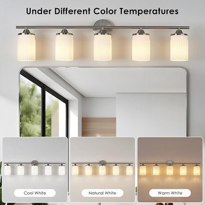 Jonsi Nickel Bathroom Light Fixtures 5-Light Vanity Lights Modern Wall Sconce with Milk White Shade Brushed Nickel Bathroom Light Fixture Over Mirror for Bedroom Hallway Kitchen