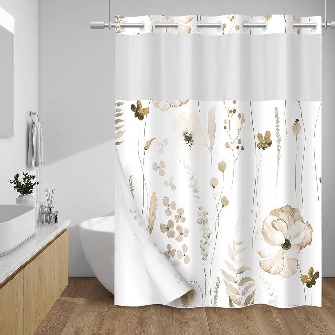 No Hook Floral Shower Curtain with Liner, Beige, 71x74 | Snap in Liner, 3 in 1, Water Repellent, Easy Install, Machine Washable, Hotel Style for Bathroom, Watercolor Pattern