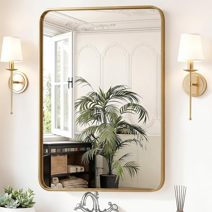 Sweetcrispy Bathroom Wall Mirror, 40x30 Inch Mirror for Over Sink, Gold | Modern Wall Mount Vanity Mirror, Rounded Rectangle with Matte Brush Metal Framed, for Home Decor, Living Room, Bedroom