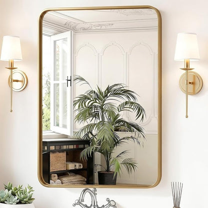 Sweetcrispy Bathroom Wall Mirror, 40x30 Inch Mirror for Over Sink, Gold | Modern Wall Mount Vanity Mirror, Rounded Rectangle with Matte Brush Metal Framed, for Home Decor, Living Room, Bedroom