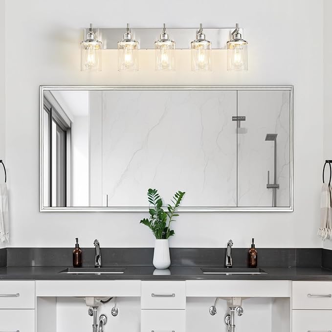 5-Light Brushed Nickel Bathroom Light Fixture Over Mirror Modern Bathroom Vanity Light Vintage Wall Lighting with Clear Glass Shade for Bathroom, Bedroom, Hallway, Cabinet