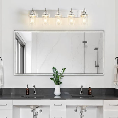 5-Light Brushed Nickel Bathroom Light Fixture Over Mirror Modern Bathroom Vanity Light Vintage Wall Lighting with Clear Glass Shade for Bathroom, Bedroom, Hallway, Cabinet