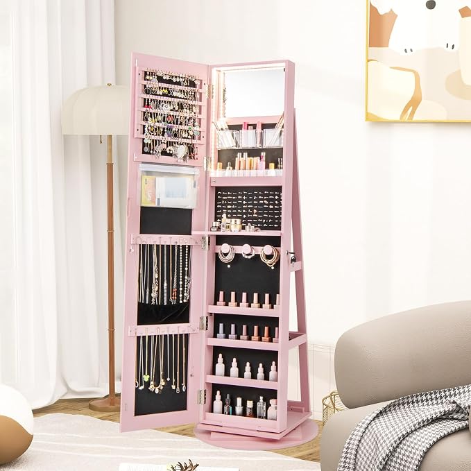 MAT EXPERT 360° Rotating Jewelry Armoire, Lockable Freestanding Jewelry Organizer w/Full-length Mirror, 3-Color LED Lights, Rear Storage Shelves, Mirror Jewelry Cabinet for Bedroom (Pink)