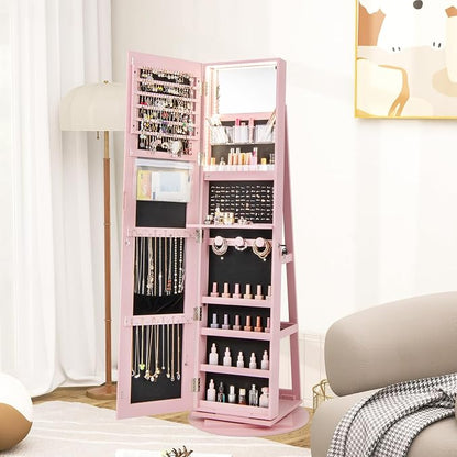 MAT EXPERT 360° Rotating Jewelry Armoire, Lockable Freestanding Jewelry Organizer w/Full-length Mirror, 3-Color LED Lights, Rear Storage Shelves, Mirror Jewelry Cabinet for Bedroom (Pink)
