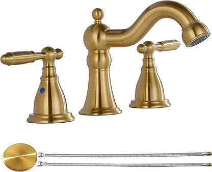 RKF Bathroom Faucets for Sink 3 Hole Gold 8 inch Widespread Bathroom Sink Faucet with Drain Double Lever Handle Faucet Bathroom Vanity Faucet Basin Mixer Tap WF013-BG