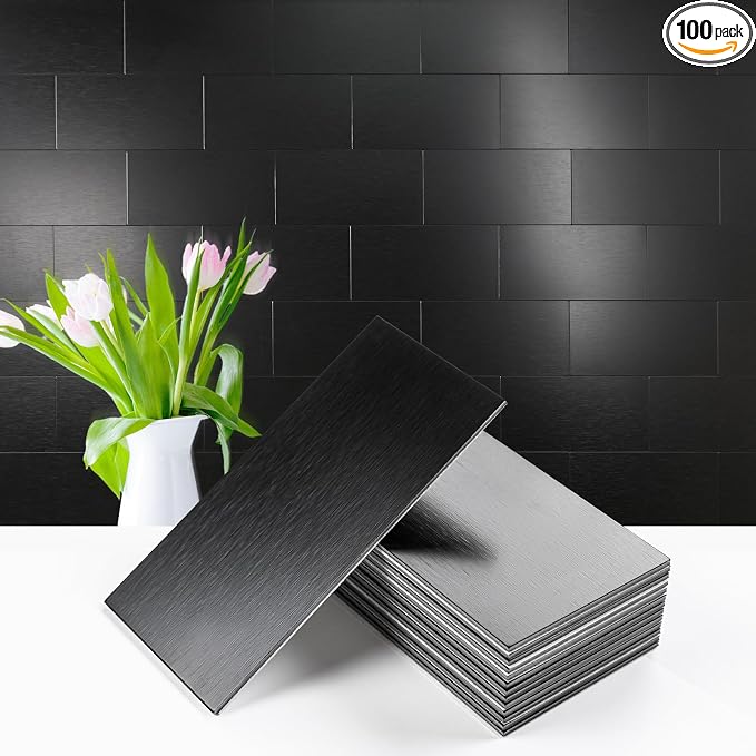Vamos Tile 100-Piece Peel and Stick Backsplash Seamless Tile,3''x6'' Brushed Black Metal Subway Tile,Stick on Backsplash for Kitchen/Bathroom/Laundry Room