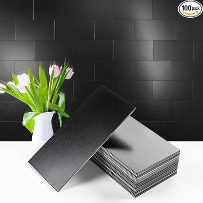 Vamos Tile 100-Piece Peel and Stick Backsplash Seamless Tile,3''x6'' Brushed Black Metal Subway Tile,Stick on Backsplash for Kitchen/Bathroom/Laundry Room