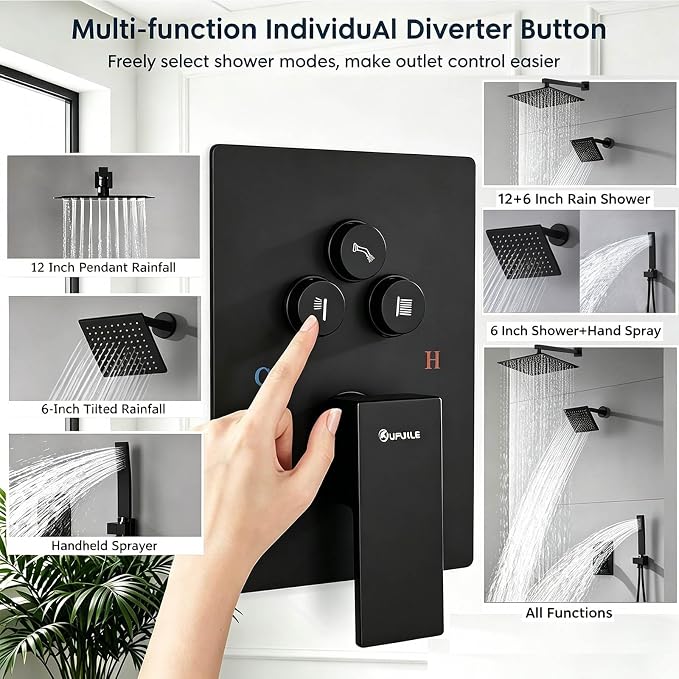 Dual Rainfall Shower Head System Matte Black, 3-Function Push Button Shower Faucet Set with 12" Wall Mount Rain shower head and 6" Wall Mount Shower Head, Pressure Balance Rough-in Valve