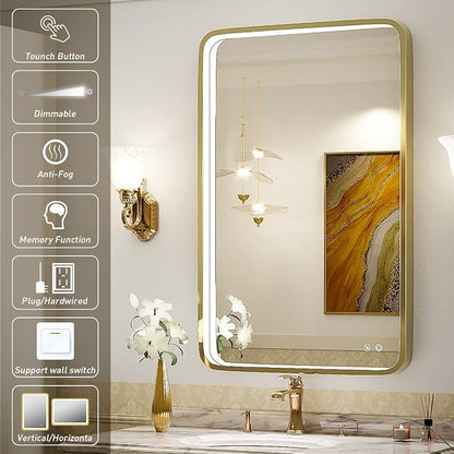 LED 36x24 Inch Lighted Bathroom Mirror,Gold Frame,3 Color | ETL Listed,Anti-Fog,3000K/4500K/6000K Dimmable,Horizontal & Vertical,Wall Mounted,Memory Function,Ideal for Bathroom,Vanity