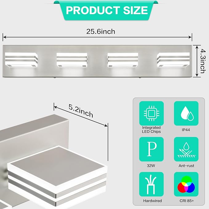 SOLFART Bathroom Vanity Light Over Mirror - 4 Light Led Vanity Light Fixture 26inch Matt Lights for Medicine Cabinet