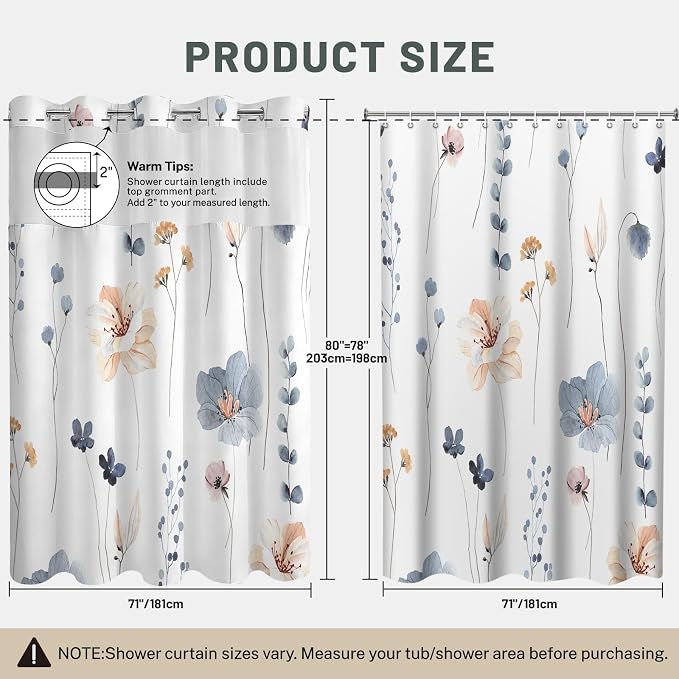 No Hook Floral Shower Curtain with Liner, Blue Beige, 71x80 | Snap in Liner, 3 in 1, Water Repellent, Easy Install, Machine Washable, Hotel Style for Bathroom, Watercolor Pattern