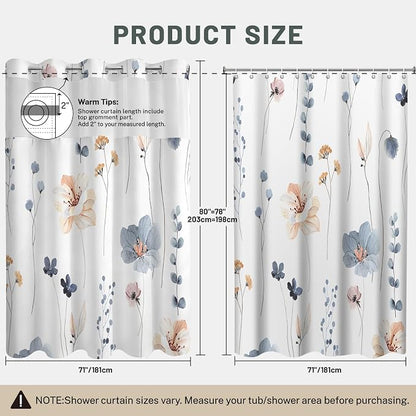 No Hook Floral Shower Curtain with Liner, Blue Beige, 71x80 | Snap in Liner, 3 in 1, Water Repellent, Easy Install, Machine Washable, Hotel Style for Bathroom, Watercolor Pattern
