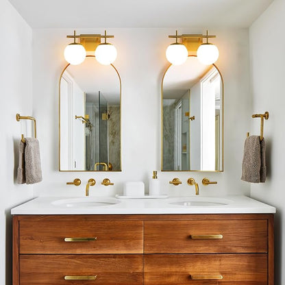 AIJIASI Gold Vanity Light, 2-Light Bathroom Lighting Fixtures Over Mirror Milky White Glass Globe Shades, Modern Vanity Lighting Fixtures Wall Sconce 14 Inch (Exclude E26 Bulb)