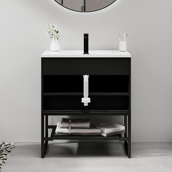 LUCKWIND 30" Modern Bathroom Vanity with Single White Sink Combo, Freestanding Storage Cabinet with Metal Frame, Matte Black Faucet and Open Shelf and 2 Soft-Closing Door, Black