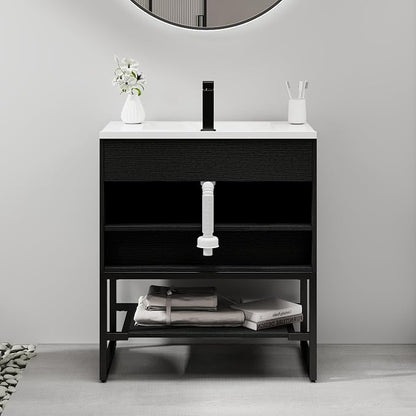 LUCKWIND 30" Modern Bathroom Vanity with Single White Sink Combo, Freestanding Storage Cabinet with Metal Frame, Matte Black Faucet and Open Shelf and 2 Soft-Closing Door, Black