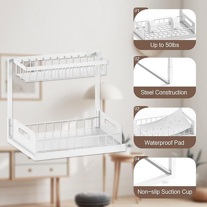 VUSIGN 2 Tier Under Sink Organizer and Storage, Slide Out Pull Out Cabinet Organizer Shelf, Storage for Kitchen Bathroom Laundry, 1Pack, White
