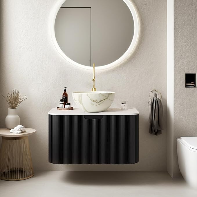 24" Floating Bathroom Vanity with Sink, Modern Bathroom Cabinet with Vessel Bowl Shape Marble Ceramic Basin and Top, Extra Large Storage Drawer, Soft-Close, Pre-Installed, Gloss Black