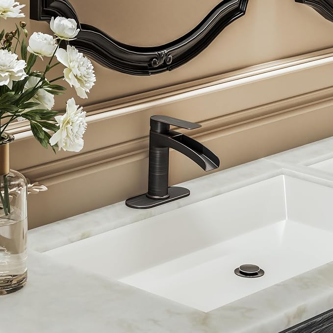 Oil Rubbed Bronze Waterfall Single Handle Bathroom Sink Faucet, with 6-Inch Deck Plate & Metal Pop Up Drain Assembly and CUPC Water Supply Lines,NS-SF01-ORB