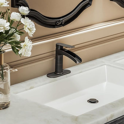 Oil Rubbed Bronze Waterfall Single Handle Bathroom Sink Faucet, with 6-Inch Deck Plate & Metal Pop Up Drain Assembly and CUPC Water Supply Lines,NS-SF01-ORB