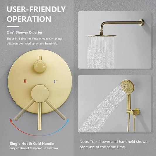 Tohlar Gold Shower Faucet System, High Pressure 10 Inches Rain Shower Head and 3-Setting handheld Spray Combo, Wall Mounted Shower Head and Handle Set, Valve Body and Trim Included