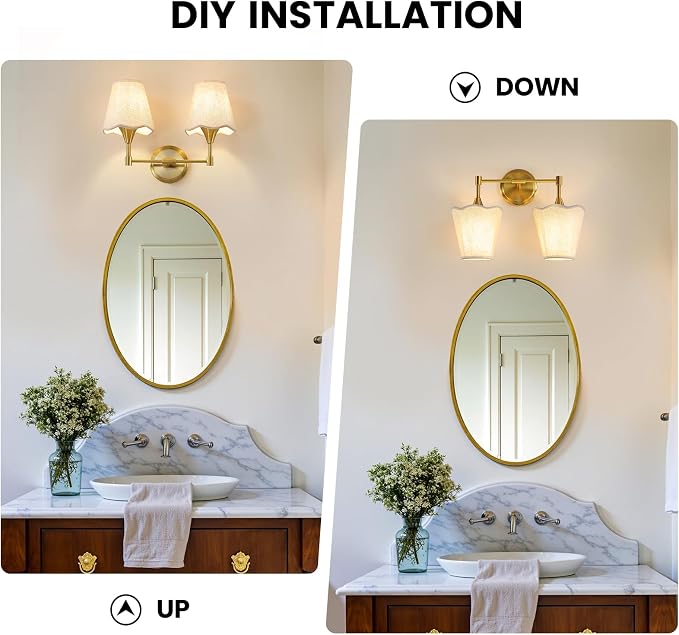 Gold Bathroom Vanity Light Fixtures: Brushed Gold Vanity Lights Over Mirror with Flared Fabric Shade, Modern Bathroom Lighting Fixtures, 2 Light Wall Sconces Lighting for Bedroom Hallway Living Room