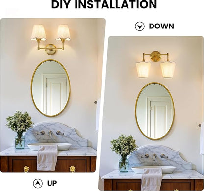 Gold Bathroom Vanity Light Fixtures: Brushed Gold Vanity Lights Over Mirror with Flared Fabric Shade, Modern Bathroom Lighting Fixtures, 2 Light Wall Sconces Lighting for Bedroom Hallway Living Room