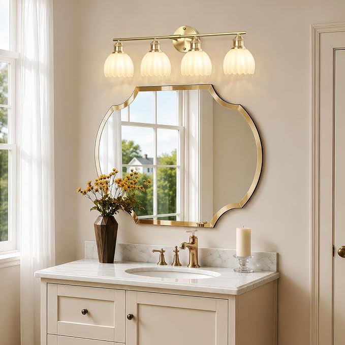 Bathroom Light Fixtures, 4-Light Brushed Gold Vanity Lights for Bathroom with White Tulip Glass Shade, 26" Vintage Bathroom Vanity Lighting Fixtures Over Mirror for Bedroom Living Room Hallway