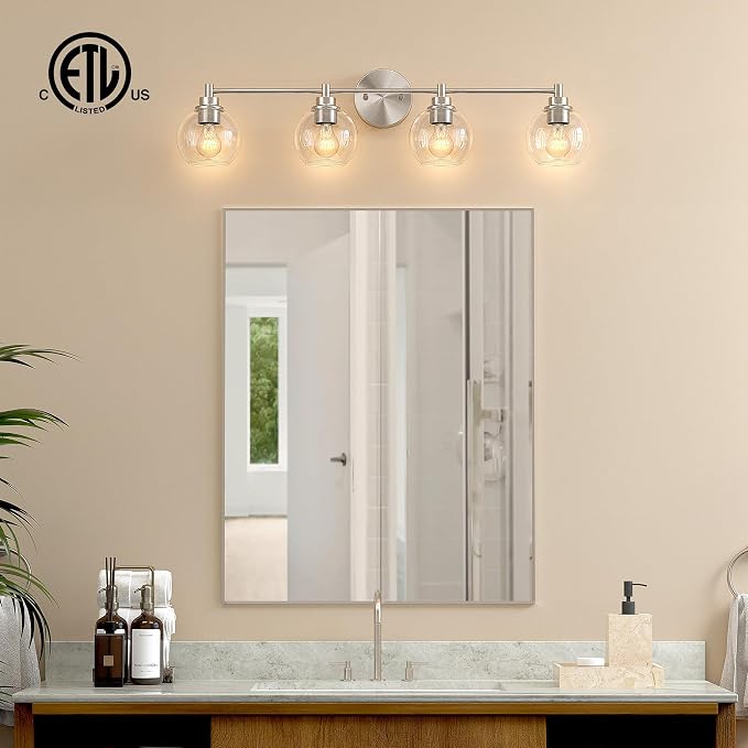 VONLUCE 4 Light Bathroom Vanity Light Fixtures, Brushed Nickel Finish | Globe Glass Shades, E26 Sockets, Easy to install, ETL Certificated, Vanity Lights for Bedroom Hallway Living Room