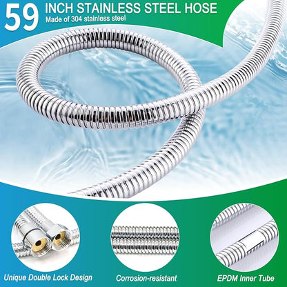 ENGA Square Solid Brass Hand Held Wand Shower Head with Wall Connector and Stainless Steel Hose Set, Chrome