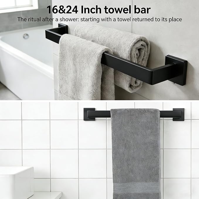 6-Pieces Bathroom Hardware Set Matte Black Bathroom Accessories Set SUS304 Towel Bar Set Includes Towel Bar 24&16 Inch+Towel Holder+Toilet Paper Holder+2 Towel Hooks (6, Matte Black, 24 Inch)