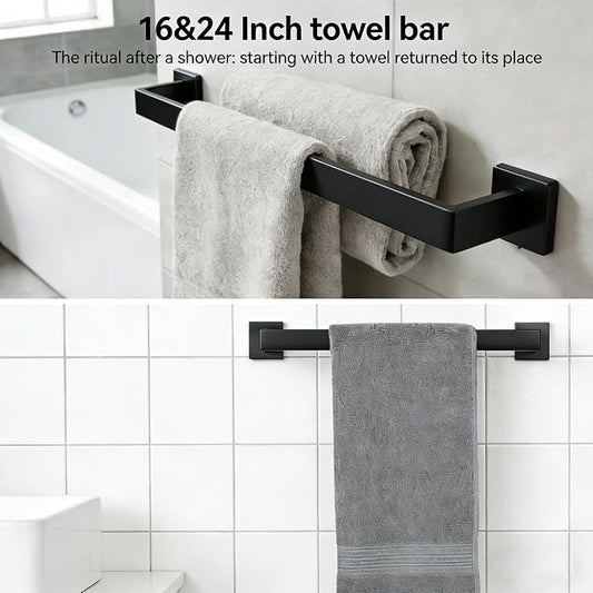6-Pieces Bathroom Hardware Set Matte Black Bathroom Accessories Set SUS304 Towel Bar Set Includes Towel Bar 24&16 Inch+Towel Holder+Toilet Paper Holder+2 Towel Hooks (6, Matte Black, 24 Inch)