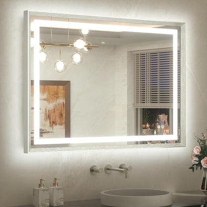 40 x 30 Bathroom Mirror Brushed Nickel Metal Frame Frontlit & Backlit Vanity Mirror 3 Colors White/Warm/Natural Stepless Dimmable Anti-Fog Bathroom Mirrors for Vanity Wall-Mounted