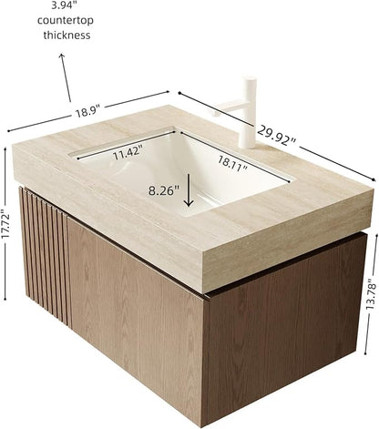 KEIKI 30 Inch Floating Bathroom Vanity with Sink, Light Brown & Beige | Modern Wall Mounted Storage Cabinet w/ Drawer & Door, Pre-assembled Wood Panels, Sintered Stone Top & Ceramic Basin Combo Set