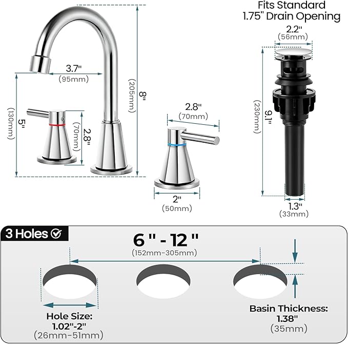 Bathroom Faucet 3 Hole,Chrome Bathroom Sink Faucet with 360°Swivel Spout, 8 inch Widespread 2 Handle Faucet for Bathroom Sink Vanity RV with Pop-up Drain Supply Line Stainless Steel