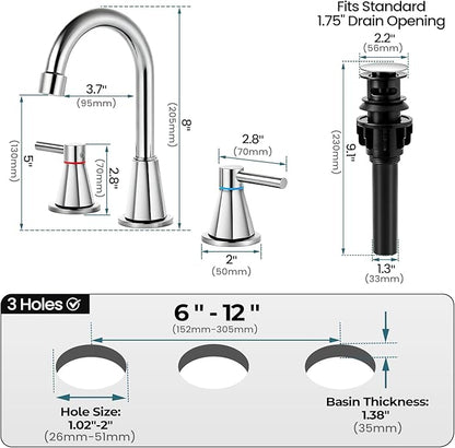 Bathroom Faucet 3 Hole,Chrome Bathroom Sink Faucet with 360°Swivel Spout, 8 inch Widespread 2 Handle Faucet for Bathroom Sink Vanity RV with Pop-up Drain Supply Line Stainless Steel
