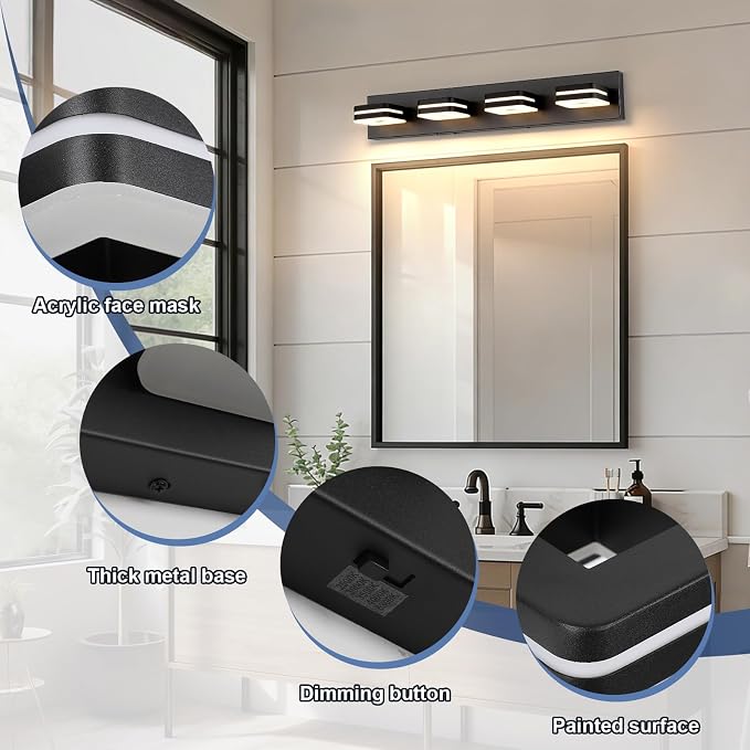 Matte Black Bathroom Vanity Light, 4-Light Modern Wall Sconce with 5CCT Dimmable LED, Farmhouse Light Fixture Over Mirror for Bathroom, Black and Gold Vanity Lights